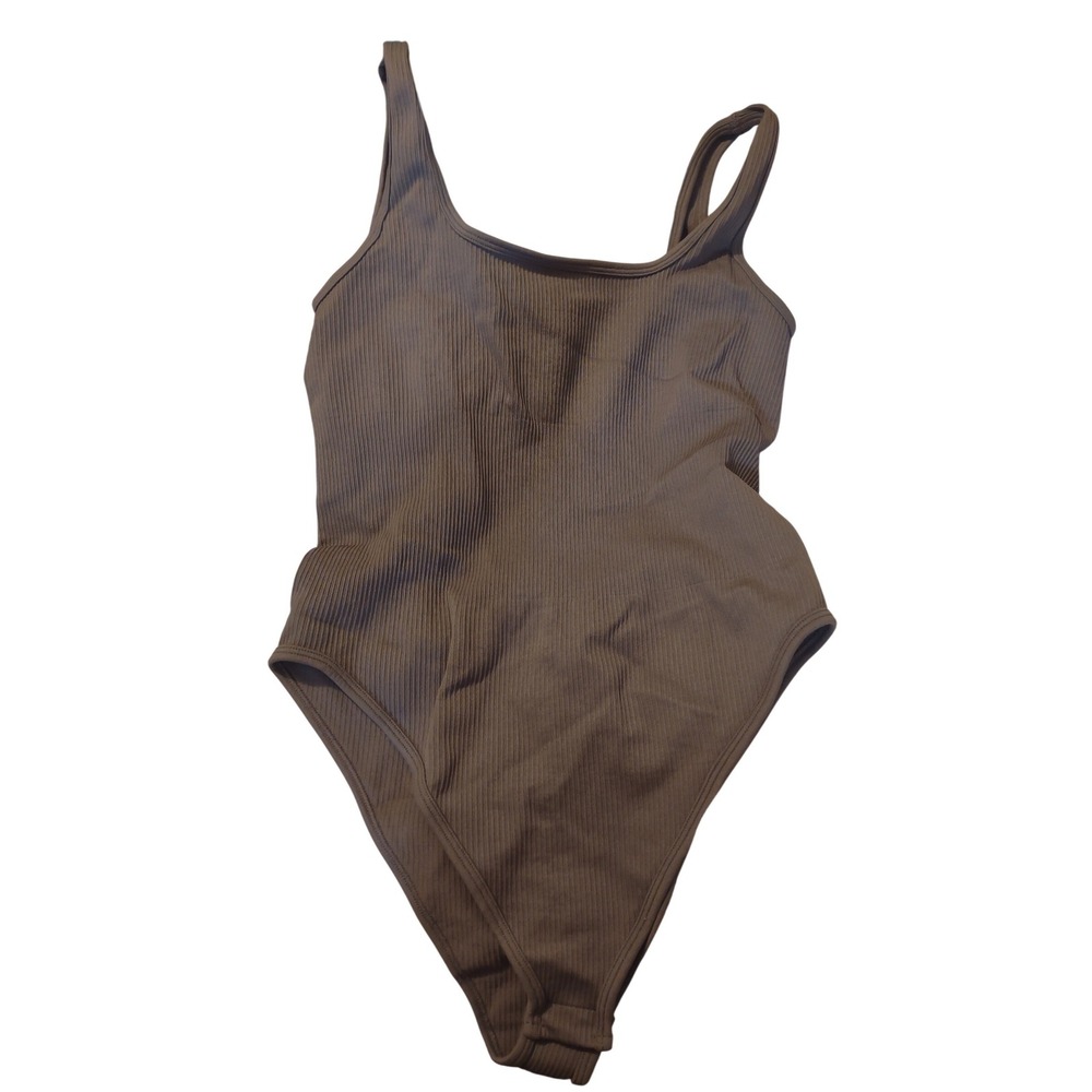 OQQ Womens Ribbed Bodysuit Espresso Brown Scoop‎ Neck Sleeveless Size M